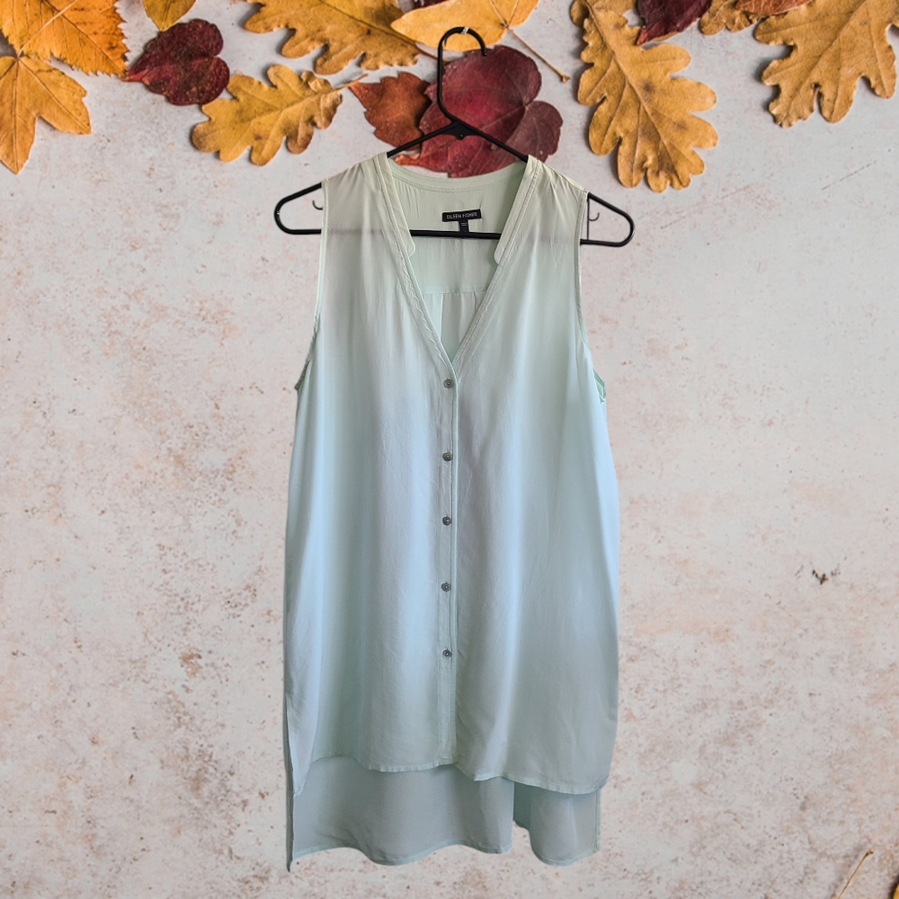 Eileen Fisher Silk Sleeveless Button Front Collared Tunic Blouse.